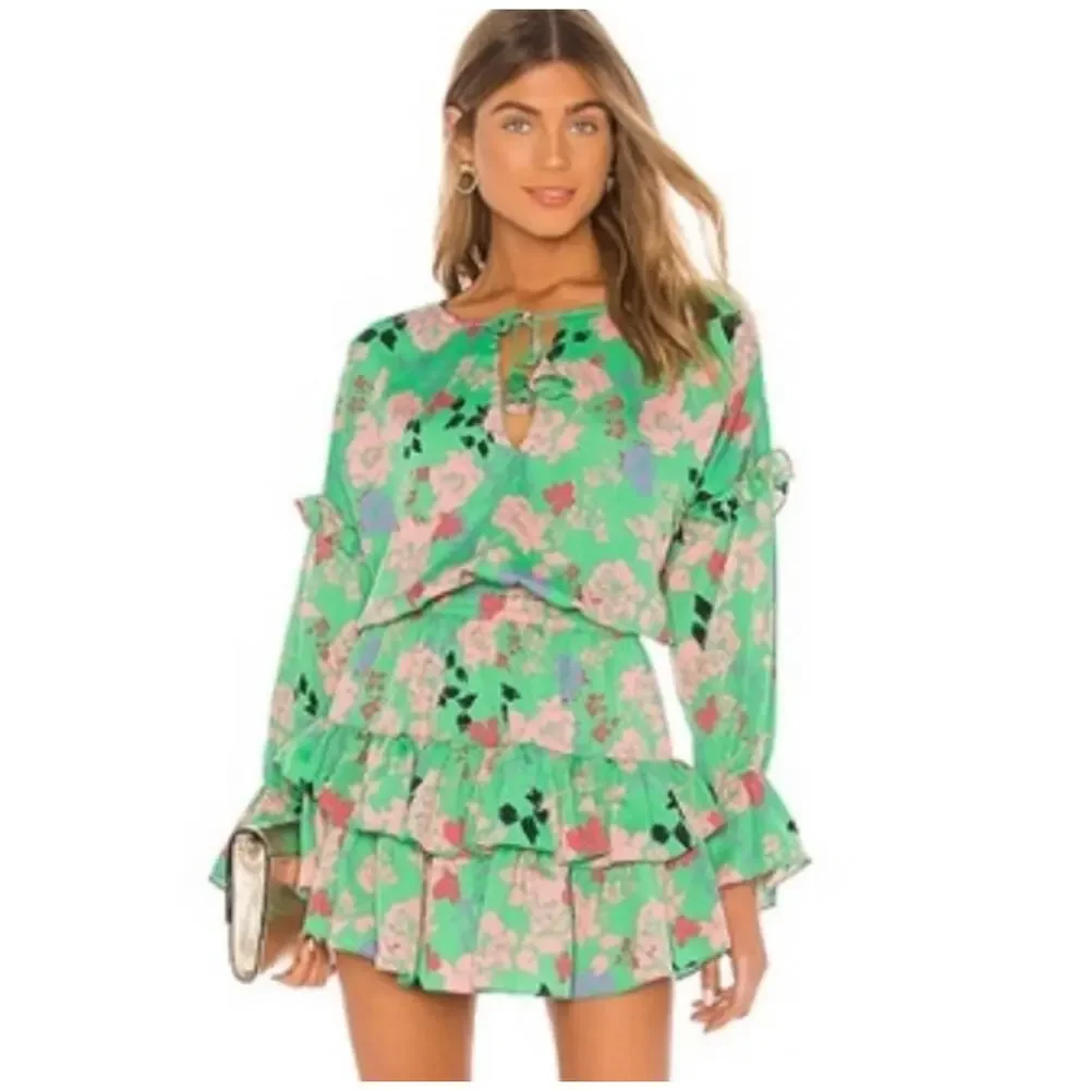 MISA Los Angeles Amalya Green Floral Tiered Ruffle Mini Dress XS Boho - Picture 1 of 11